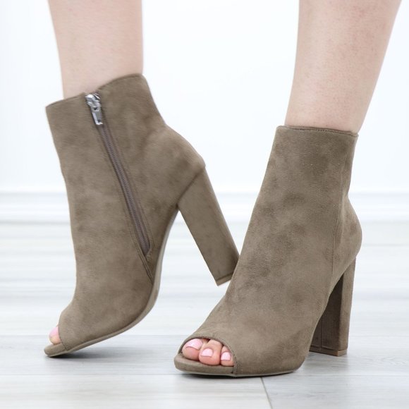 Taupe Suede Ankle Booties Block Heeled Open Toe Boots - Picture 10 of 11